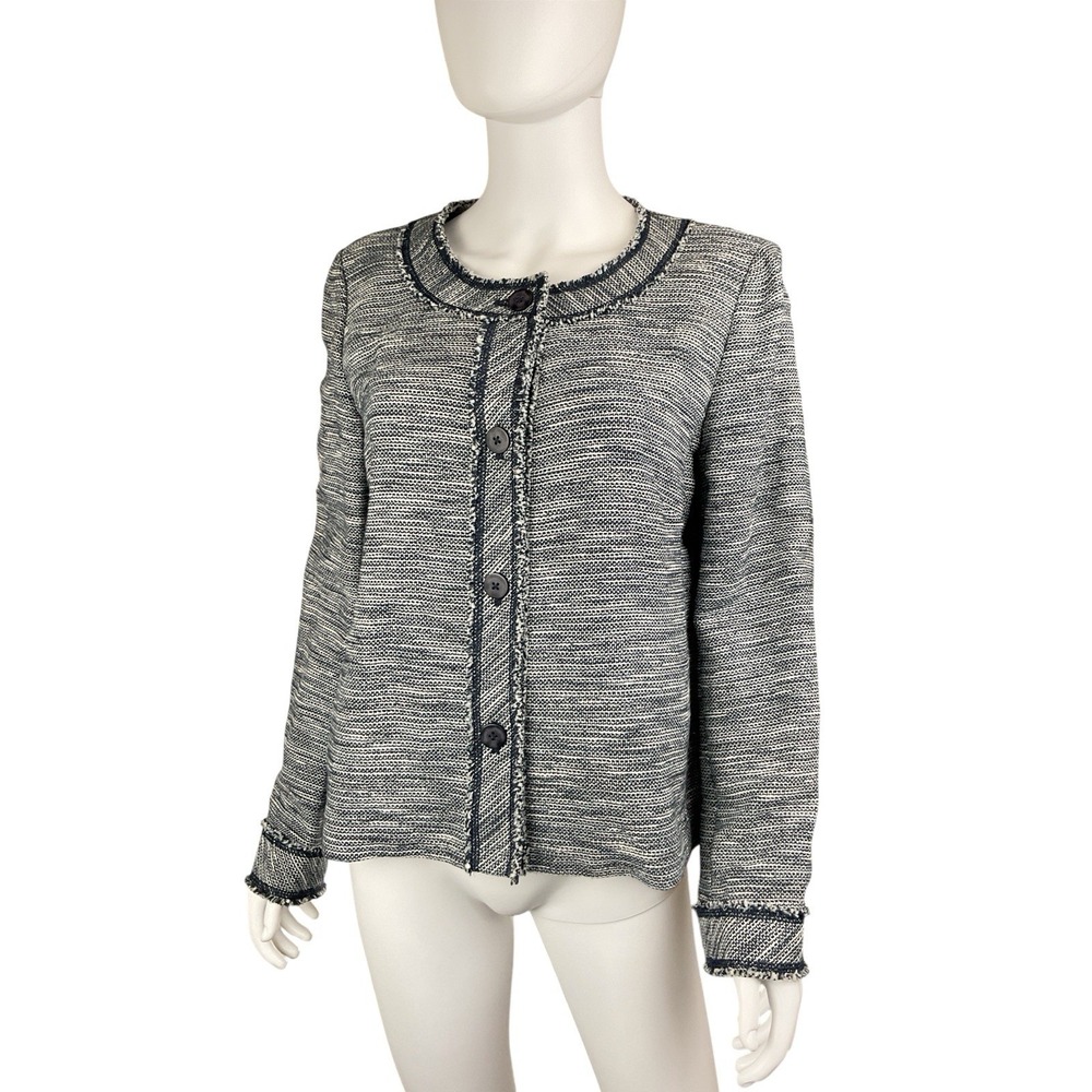 J JILL Tweed Bouclé Jacket Blazer Round Neck Raw‎ Frayed Hem Preppy Blue Medium